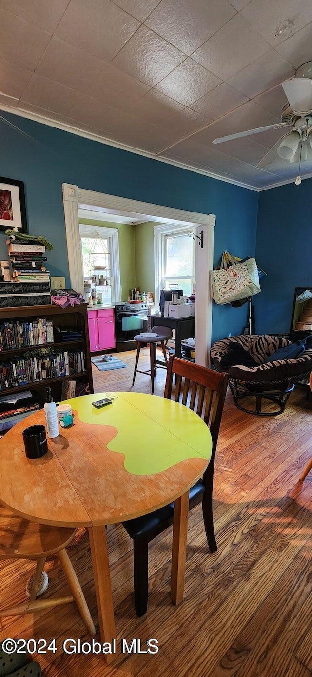 dining space with hardwood / wood-style floors, ceiling fan, and crown molding