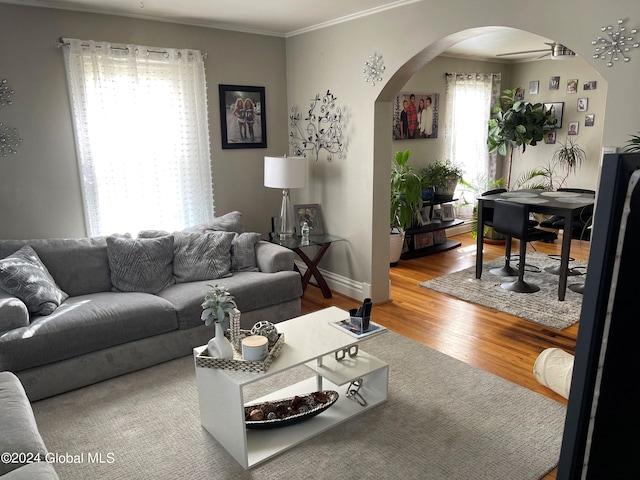 living room featuring ornamental molding, ceiling fan, and hardwood / wood-style flooring