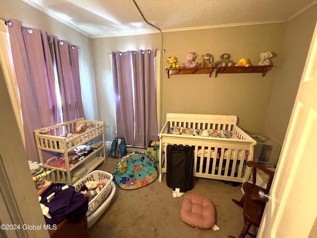 carpeted bedroom featuring crown molding