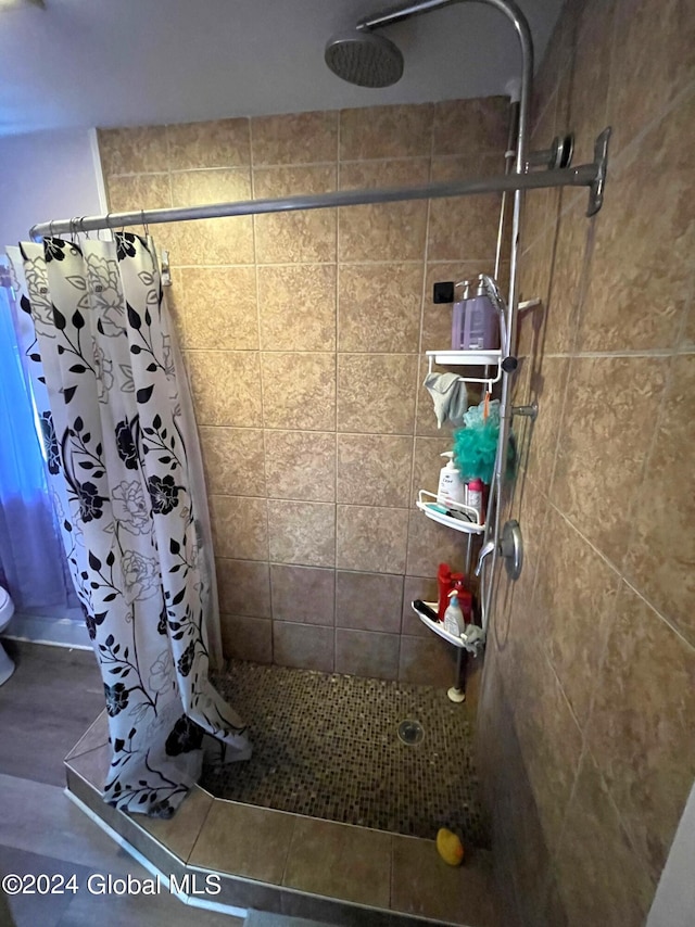 bathroom with toilet and a shower with curtain