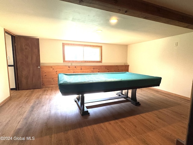 rec room with baseboards, billiards, and wood finished floors