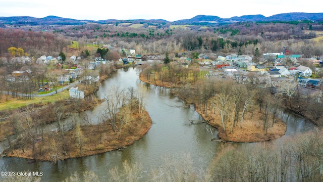 bird's eye view featuring a water and mountain view