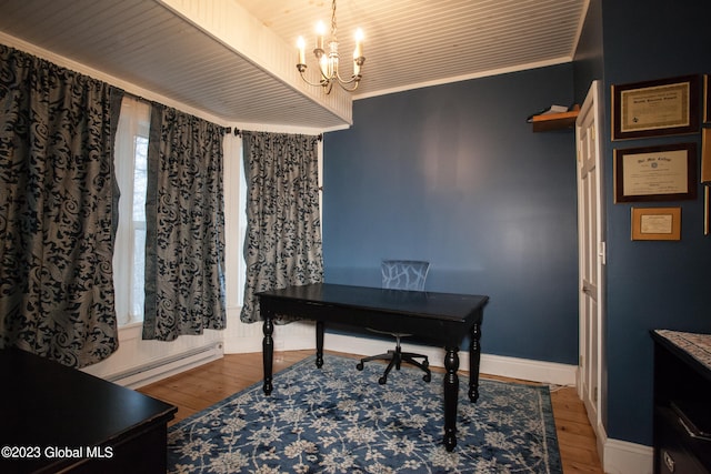 office featuring wood ceiling, wood-type flooring, baseboard heating, a chandelier, and crown molding