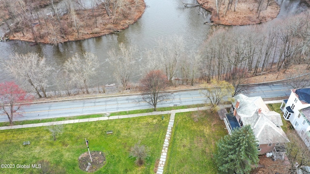 drone / aerial view featuring a water view