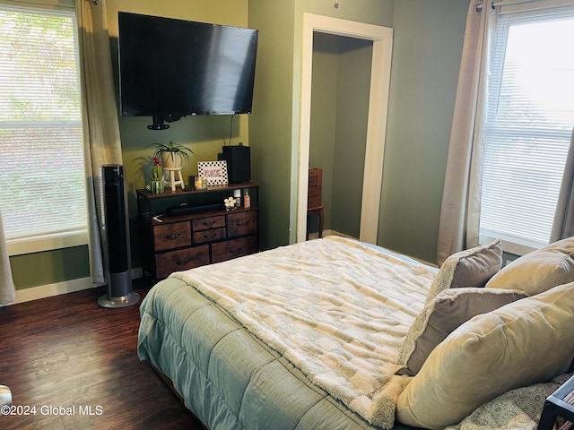 bedroom with dark wood-type flooring and multiple windows