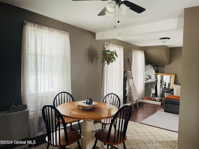 dining space featuring ceiling fan and hardwood / wood-style flooring