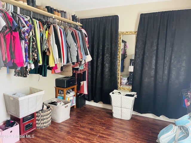 spacious closet featuring dark hardwood / wood-style flooring