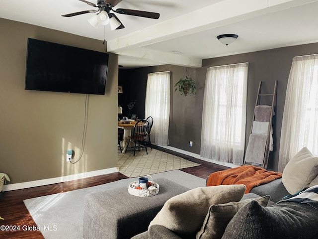 living room with beam ceiling, ceiling fan, and hardwood / wood-style flooring