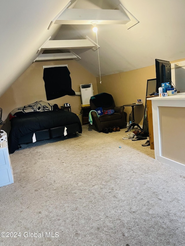 bedroom with carpet flooring and vaulted ceiling