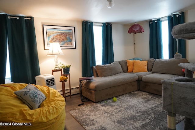 living room featuring a baseboard radiator and hardwood / wood-style floors