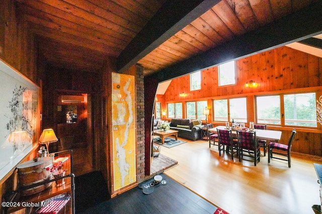 dining room featuring lofted ceiling with beams, wooden walls, wood finished floors, and a wealth of natural light