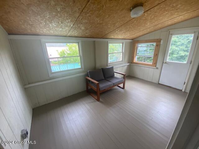 unfurnished room featuring hardwood / wood-style floors, vaulted ceiling, and a wealth of natural light