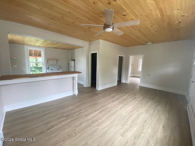 unfurnished living room featuring wooden ceiling, hardwood / wood-style floors, and ceiling fan