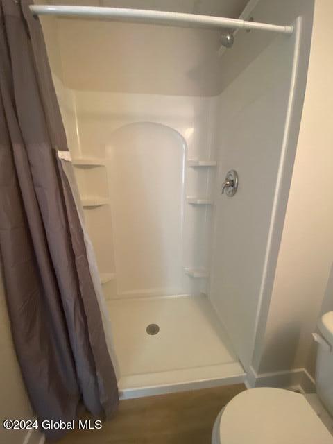 bathroom featuring wood-type flooring, a shower with curtain, and toilet