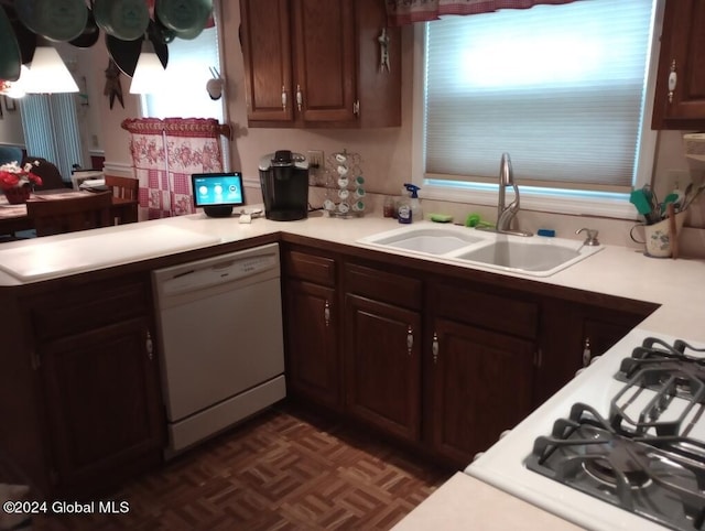 kitchen with dark brown cabinetry, dishwasher, and sink