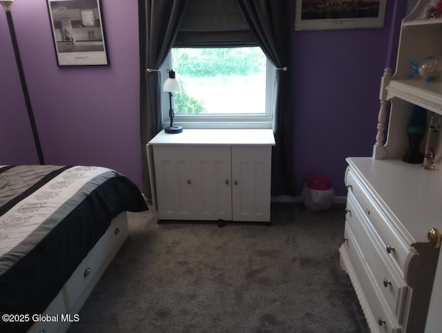 bedroom featuring dark carpet