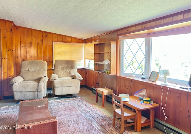 living area with a baseboard radiator and wooden walls