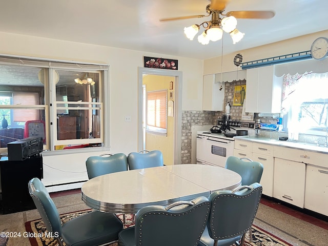 kitchen featuring ceiling fan, white cabinets, white electric range oven, and tasteful backsplash