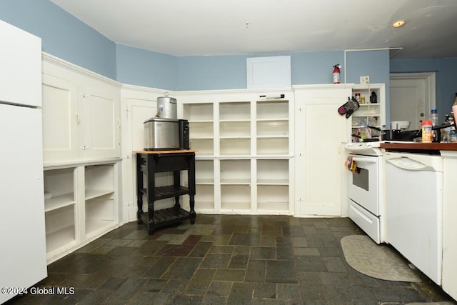 kitchen featuring white cabinets, open shelves, and white appliances