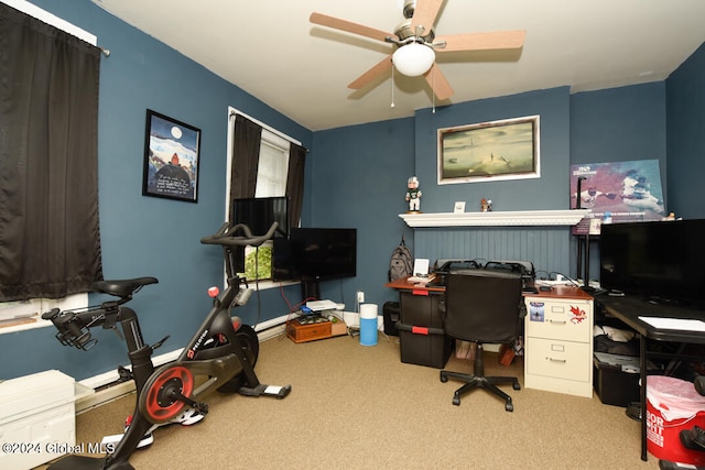 carpeted office with ceiling fan