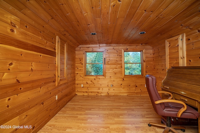 office area featuring wood walls, wood ceiling, and light hardwood / wood-style flooring