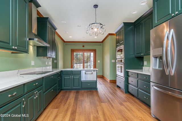 kitchen with hanging light fixtures, ornamental molding, stainless steel fridge with ice dispenser, black electric cooktop, and light hardwood / wood-style floors