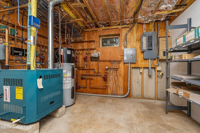 utility room featuring electric panel and hybrid water heater