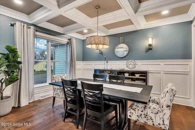 dining area with beamed ceiling, coffered ceiling, dark wood-style floors, and ornamental molding