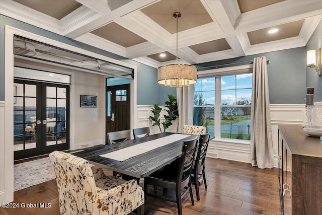 dining area featuring ornamental molding, beam ceiling, french doors, dark wood-style floors, and coffered ceiling