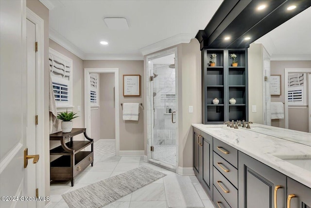 bathroom with recessed lighting, baseboards, a shower stall, and crown molding