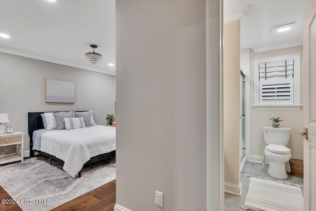 bedroom featuring recessed lighting, baseboards, and crown molding