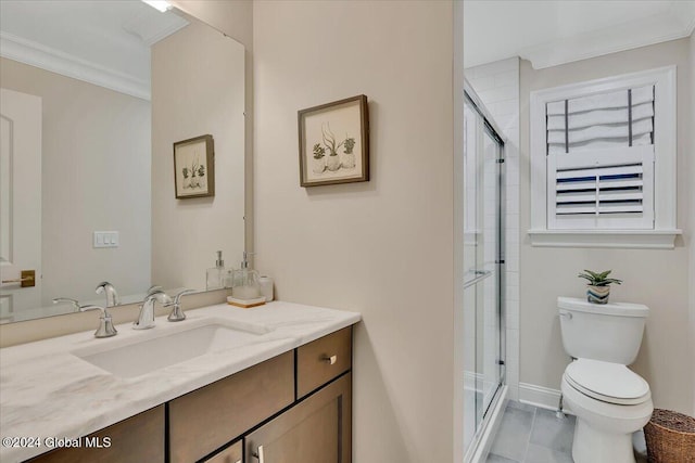 full bathroom with a shower with door, toilet, vanity, and ornamental molding