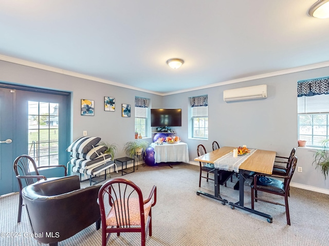 dining room featuring a healthy amount of sunlight, a wall mounted air conditioner, and carpet floors