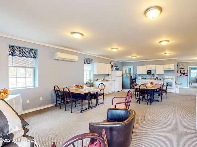 carpeted dining room featuring ornamental molding and a wall mounted air conditioner