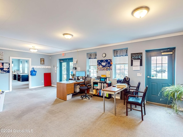 office with ornamental molding and carpet flooring