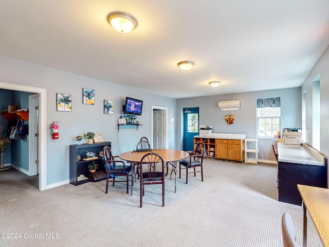 carpeted dining area with a wall unit AC