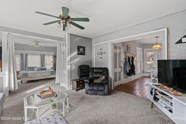 living room featuring ceiling fan and wood-type flooring