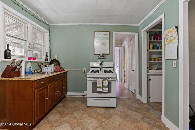 kitchen featuring white gas stove, crown molding, and sink