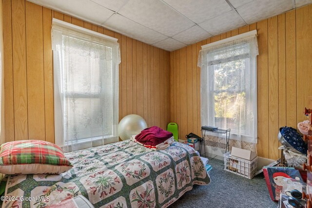 bedroom featuring wooden walls, carpet flooring, and multiple windows