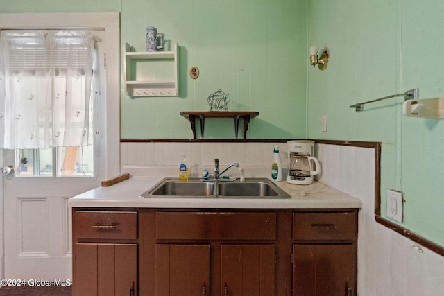 kitchen with sink and wooden walls