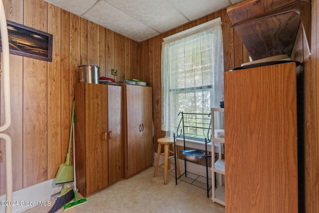 interior space featuring wood walls and light carpet