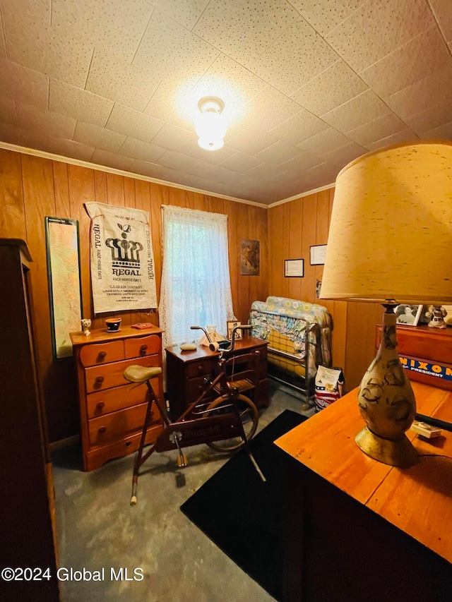 carpeted bedroom with wooden walls