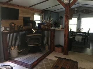 interior space with a wood stove