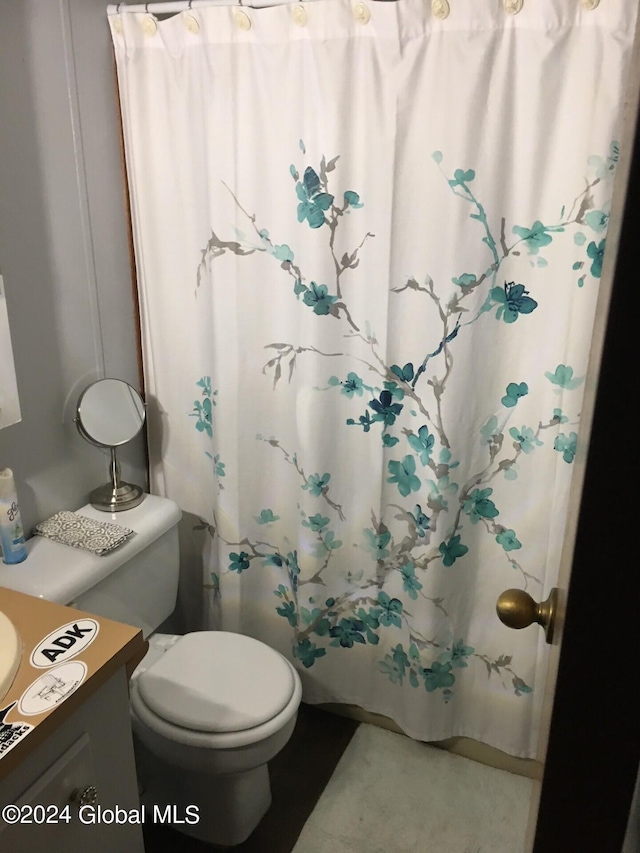 bathroom featuring a shower with curtain, vanity, and toilet