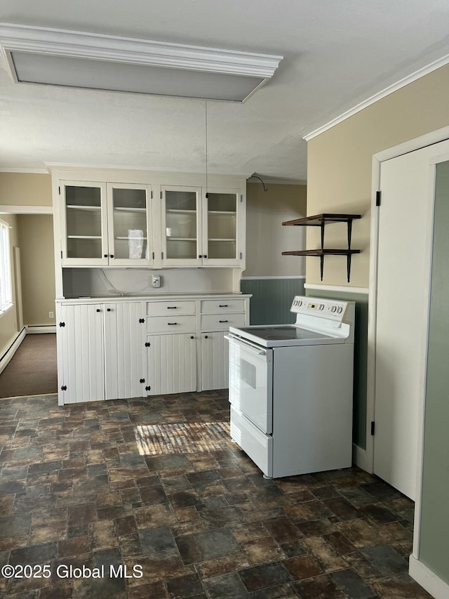 kitchen featuring white cabinetry, white electric stove, and ornamental molding