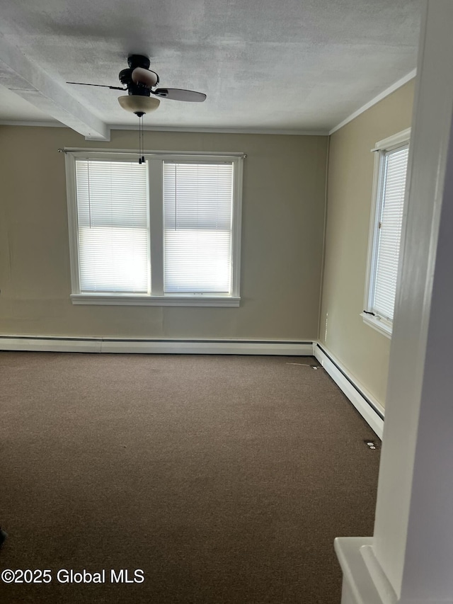 unfurnished room featuring baseboard heating, a healthy amount of sunlight, a textured ceiling, and ceiling fan