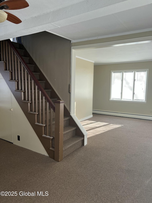 stairs with carpet flooring and a baseboard heating unit