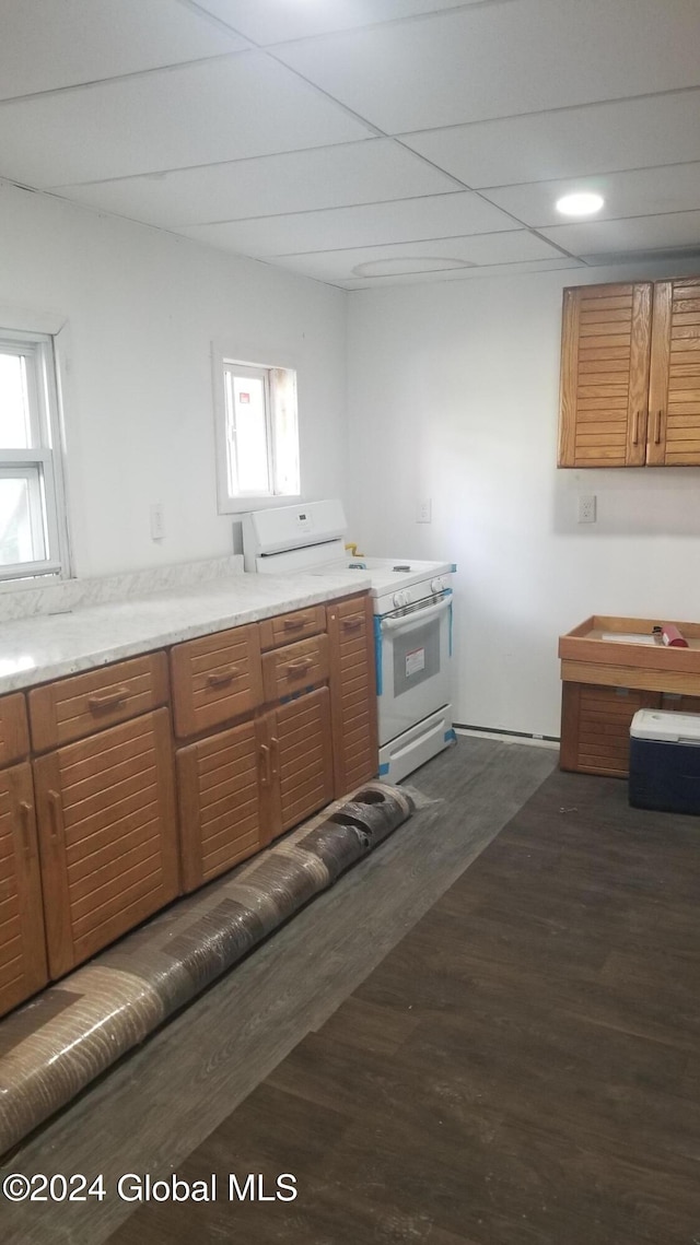 kitchen featuring white range oven and dark wood-type flooring