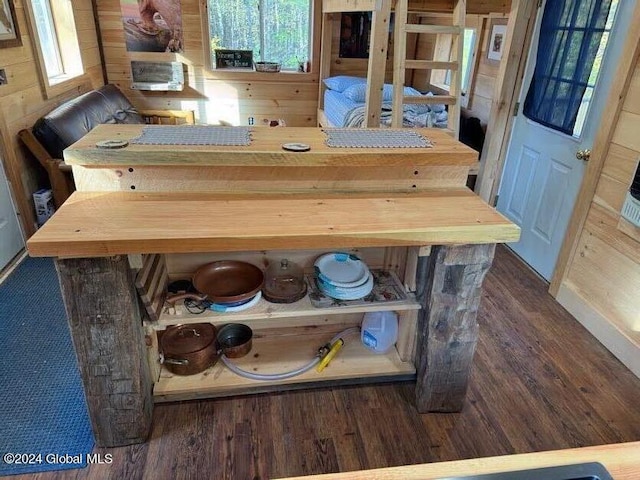 dining area with wood walls and dark wood-type flooring