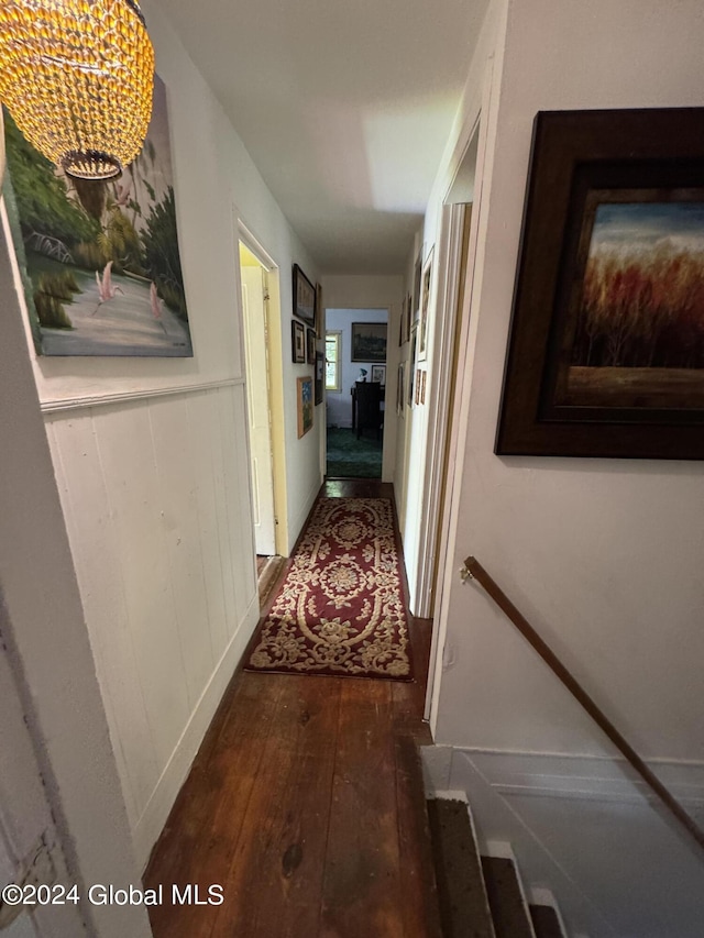 hall featuring wainscoting and hardwood / wood-style flooring